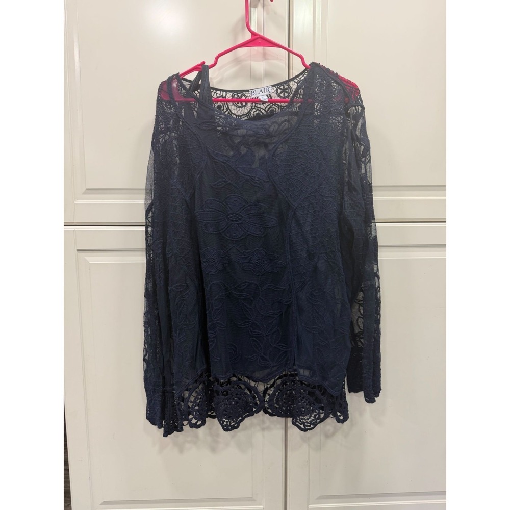Blair Womens Navy Lace Long Sleeve Top 3X